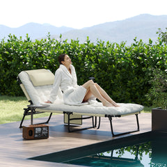 Folding Chaise Lounge Pool Chair with 4-level Reclining Back, Cushion, Side Pocket, Headrest, Beige