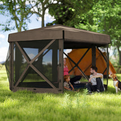 12' x 12' Hexagonal Pop Up Gazebo Canopy Tent with 5 Sidewalls, Outdoor Canopy Shelter with Carry Bag, Brown