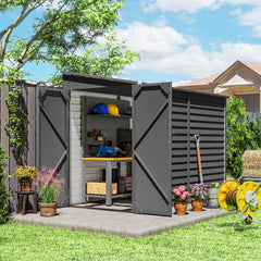 4.6' x 9' Outdoor Storage Shed, Lean to Metal Shed with Foundation Kit, Lockable Doors and Gloves for Patio, Lawn, Dark Gray