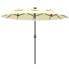 Double-sided Patio Umbrella, 9.7' Outdoor Umbrella with Tilt and Crank, LED Solar Light and 12 Ribs, Cream White