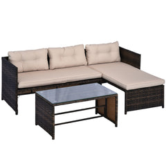 3 Piece Patio Furniture Set, Rattan Outdoor Sofa Set with Chaise Lounge & Loveseat, Soft Cushions, Tempered Glass Table, L-Shaped Sectional Couch, Beige