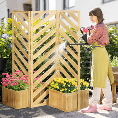 Decorative Outdoor Privacy Screen, Freestanding Divider/Separator with 4 Self-Draining Planters, 3 Trellis Plant Support Panels for Garden Walkway, Backyard, Natural Wood