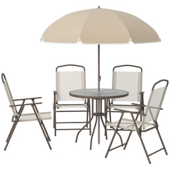 6 Piece Patio Dining Set for 4 with Umbrella, Outdoor Table and Chairs with 4 Folding Dining Chairs & Round Glass Table for Garden, Backyard and Poolside, Beige