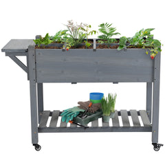 Raised Garden Bed Planter Box w/ 8 Grow Grids, Storage Shelf & Lockable Wheels
