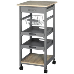 Mobile Kitchen Cart, Rolling Kitchen Island with Storage, Solid Wood Frame Utility Cart with Wire Fruit Baskets, Trays and Drawer, Gray