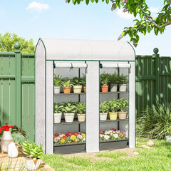 3 Tier Mini Greenhouse, Small Portable Greenhouse with 2 Roll-up Doors, 56.3" x 18.1" x 65", White