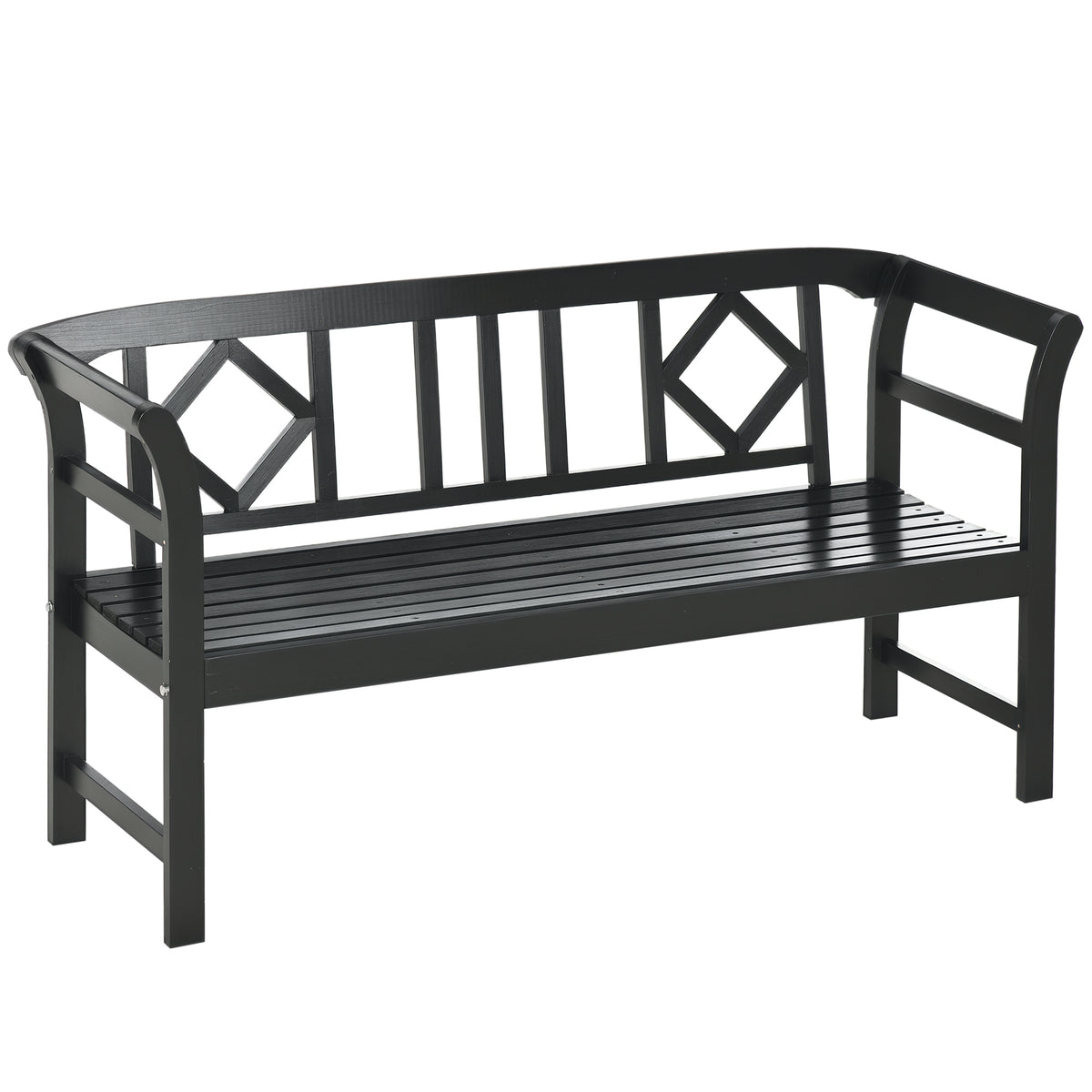 Wooden Patio Bench, Outdoor Garden Bench with Backrest and Armrests, 3 Person Porch Bench with Rustic Country Diamond Pattern, Black