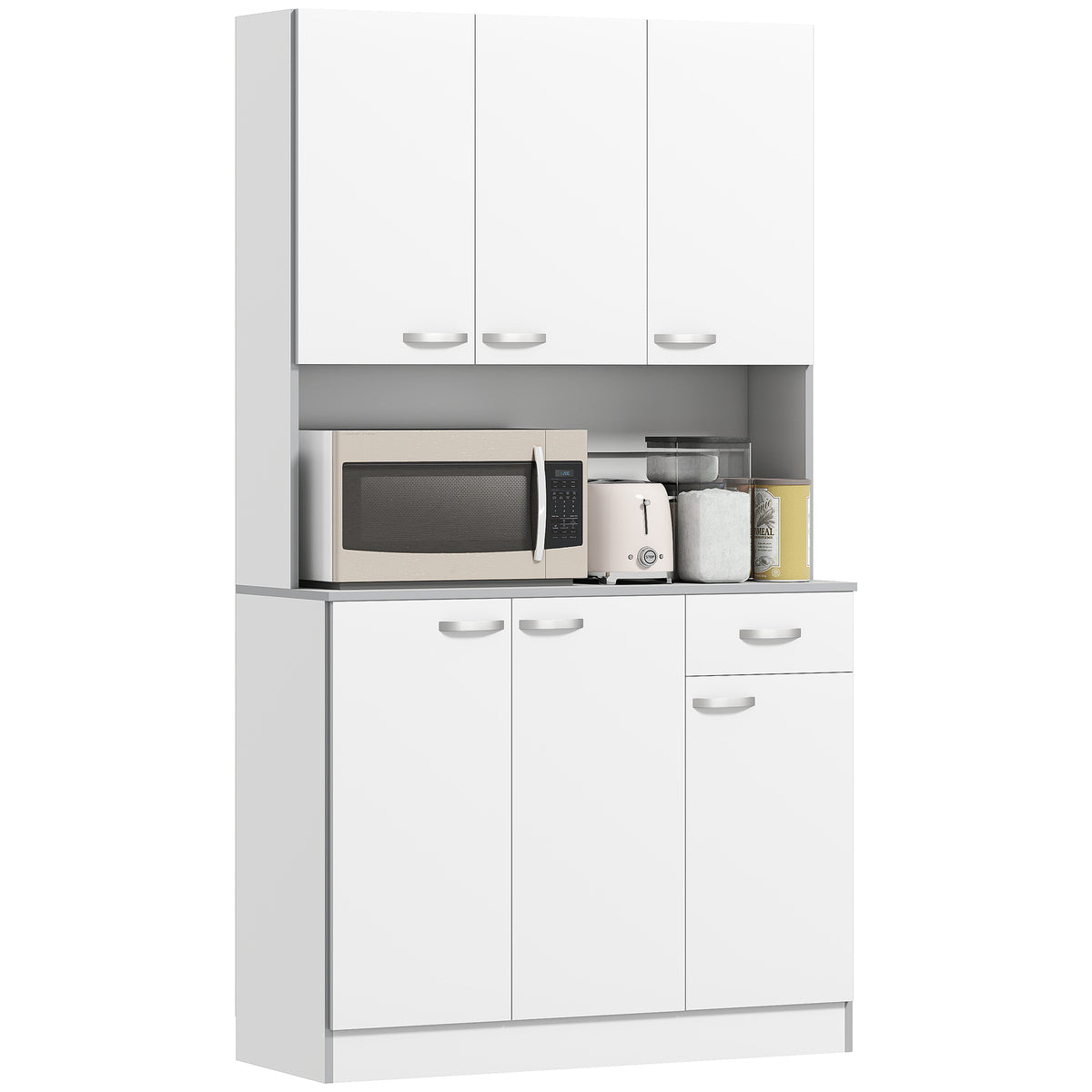 71" Kitchen Pantry Cabinet, Tall Storage Cabinet with Microwave Stand, Buffet with Hutch, 6 Doors, Storage Drawer, 3 Adjustable Shelves for Living Room, Dining Room, White