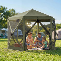 10 x 11 ft Pop Up Gazebo Screen Tent, Portable Instant Camping Canopy Screen House with Nettings, Carry Bag, Dark Green