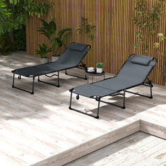 2 Piece Folding Chaise Lounge Pool Chairs with 5-level Reclining Back, Reading Hole, Side Pocket, Gray