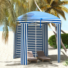5.8' x 5.8' Cabana Umbrella with Walls, Vents, Ruffles, Carry Bag, Beach Umbrella, Blue White Stripe