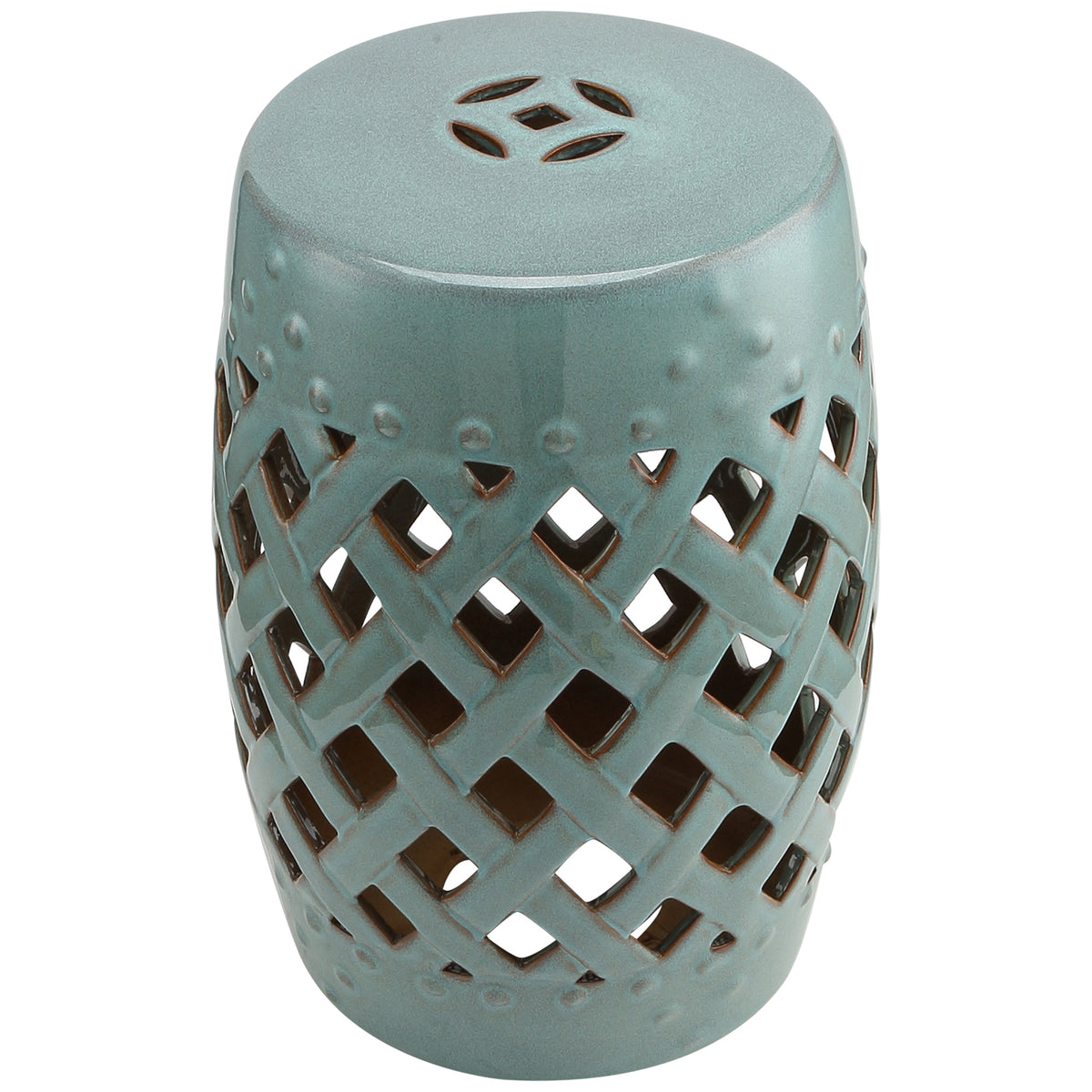 13" x 18" Ceramic Garden Stool with Woven Lattice Design & Glazed Strong Materials Decorative Outdoor Stool, Antique Blue