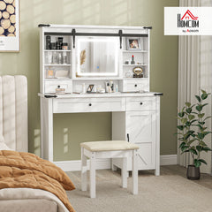 Vanity Desk Set with Mirror and Lights, Cushioned Stool, Storage Drawer, Cabinet, Shelves for Bedroom, White