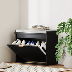 Shoe Storage Bench with Padded Seat Cushion and Flip-Drawer, Entryway Bench, Shoe Cabinet, 24.4x10.2x18.7 Inches, Black