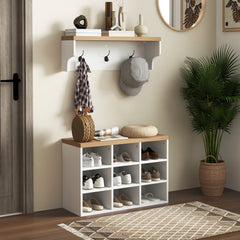 2-in-1 Coat Rack Shoe Bench Set, 5-Hook Hall Tree with Bench and Shoe Storage for 9 Pairs of Shoes for Entryway, Hallway, White