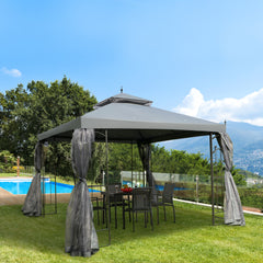 118" x 118" Steel Outdoor Patio Gazebo Canopy with Removable Mesh Curtains, Display Shelves, & Steel Frame, Gray