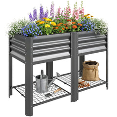 Raised Garden Bed Galvanized Steel, Elevated Planter Box with Storage Shelf, Bed Liner, 31.5" High, Dark Gray