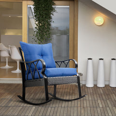 Outdoor Wicker Rocking Chair with Padded Cushions, Aluminum Furniture Rattan Porch Rocker Chair w/ Armrest for Garden, Patio, and Backyard, Blue