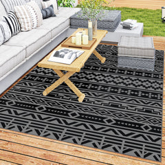 Reversible Outdoor Rug, Waterproof Plastic Straw with Carry Bag, 6' x 9', Black & Gray Geometric Wall