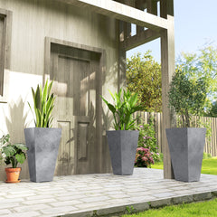 28" Tall Planters, Set of 3 Plastic Flower Pots with Marble Finish and Drainage Holes, Stackable Taper Planters, Gray
