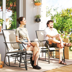 Outdoor Glider Chairs with Coffee Table, Patio 2-Seat Rocking Chair Swing Loveseat with Breathable Sling for Backyard, Garden, and Porch, Light Brown