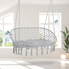 2-Person Hammock Chair Macrame Swing with Soft Cushion, Hanging Cotton Rope Chair for Indoor Outdoor Home Patio Backyard, Light Gray