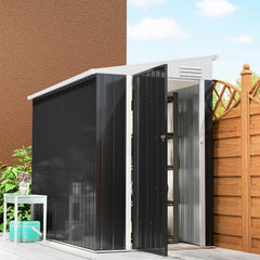 4' x 7.7' Lean to Garden Storage Shed, Outdoor Metal Tool House with Lockable Door Vents for Backyard Patio Lawn, Gray
