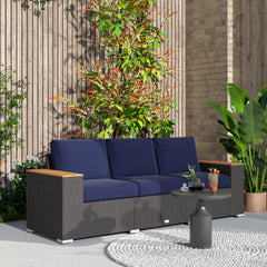 3-Seat Outdoor Patio Sofa, PE Wicker Outdoor Couch with  Extra Wide Deep Seat, Wide Armrests 4" Cushions, Navy Blue