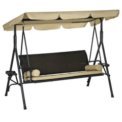 3-Seat Patio Swing Chair, Outdoor Canopy Swing Glider with Removable Cushion, Pillows, Adjustable Shade, and Rattan Seat, for Porch, Garden, Poolside, Backyard