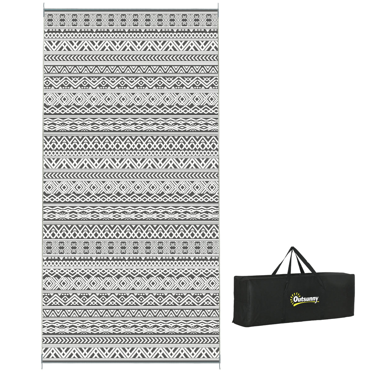 Reversible Outdoor Rug Carpet RV Camping Rugs with Carry Bag, 9' x 18', Gray & Cream White Boho