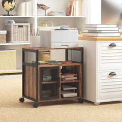 Printer Stand with Socket and USB Charging Ports, Industrial Mobile Printer Table with Storage and Wheels, Rustic Brown