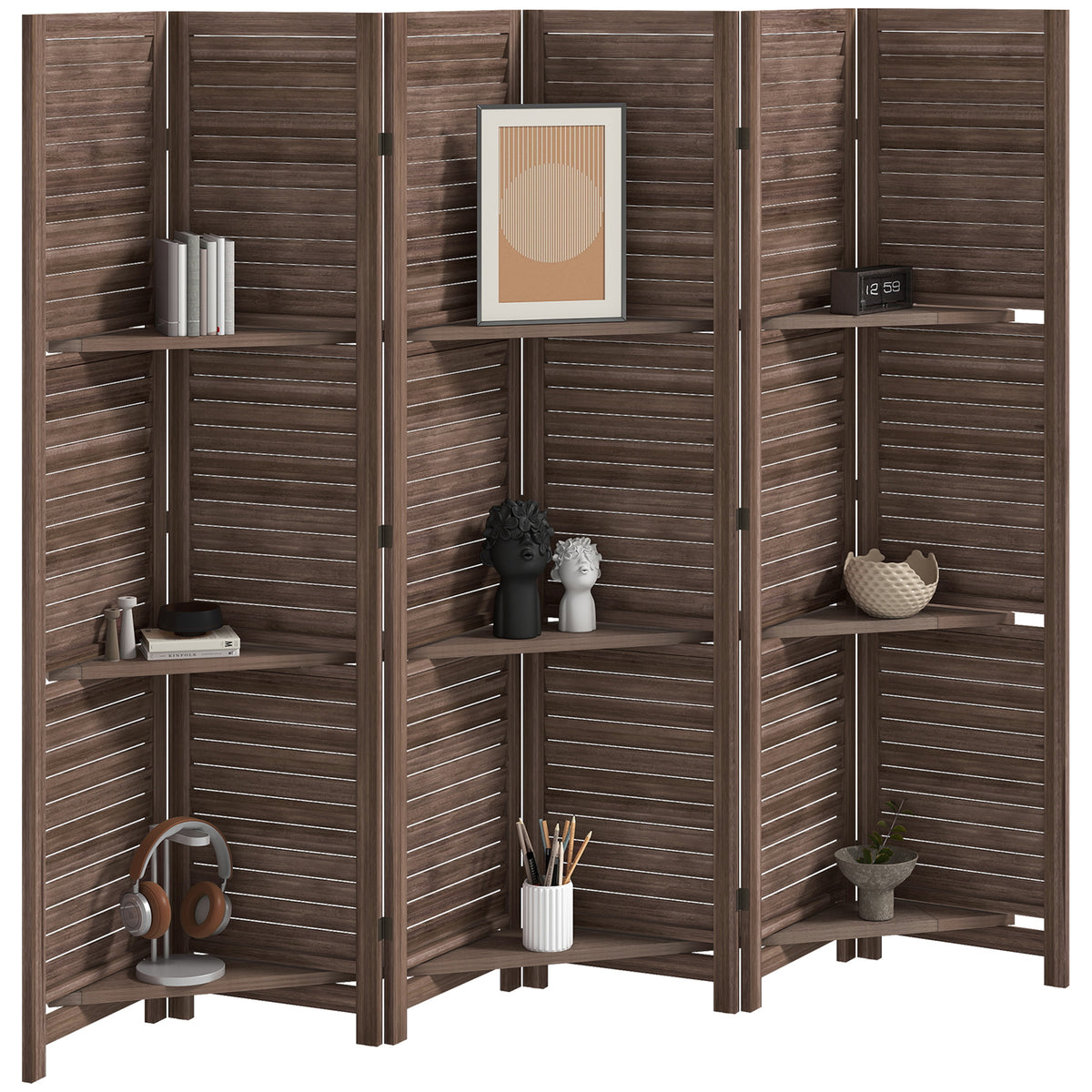 6 Panel 67" Tall Wood Privacy Screen Room Divider with 3 Shelves and Folding Storage for Bedroom, Walnut