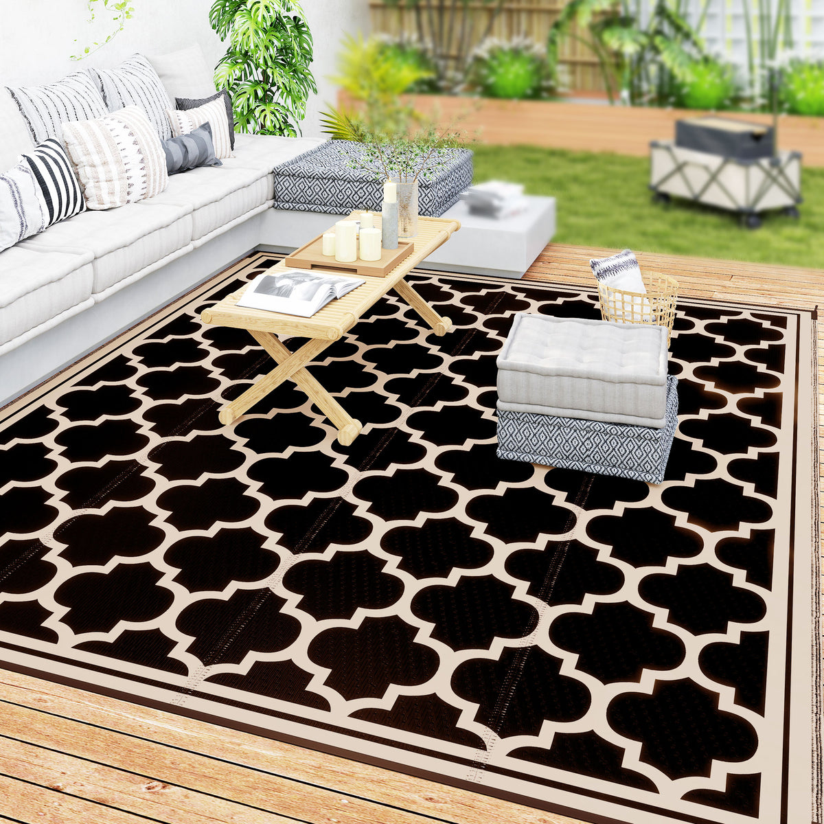 9' x 12' Reversible Outdoor RV Rug, Plastic Straw Rug for Camping, Deck, Beach, Black, Beige