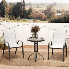 3 Pieces Bistro Set, Small Patio Furniture Set with Stackable Chairs and Glass Table for Backyard, Balcony, Gray