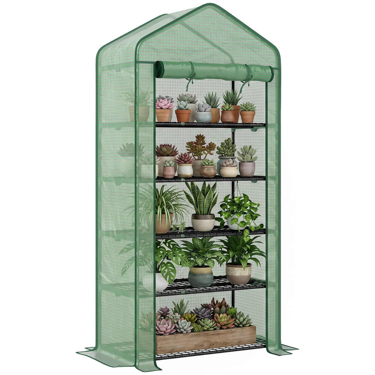 5 Tier Mini Greenhouse, Small Portable Greenhouse with PE Cover, Roll-Up Zippered Door, 76" x 35.4" x 19.3", Green