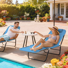 Folding Chaise Lounge Chair, Pool Sun Tanning Chair, Outdoor Lounge Chair with Reclining Back, Breathable Mesh Seat, Headrest for Beach, Yard, Patio, Blue