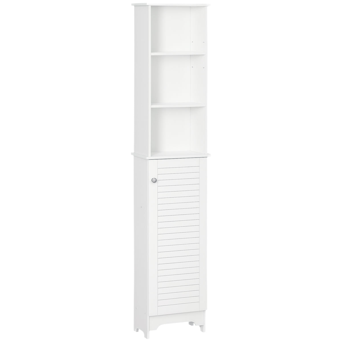 Tall Bathroom Storage Cabinet/Freestanding Linen Tower with 3-Tier Open Adjustable Shelf and Cupboard, White