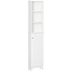 Tall Bathroom Storage Cabinet/Freestanding Linen Tower with 3-Tier Open Adjustable Shelf and Cupboard, White