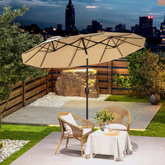 Double Sided Patio Umbrella, 9.7' Large Outdoor Market Umbrella with Push Button Tilt and Crank, 3 Air Vents and 12 Ribs, for Garden, Deck, Pool, Brown