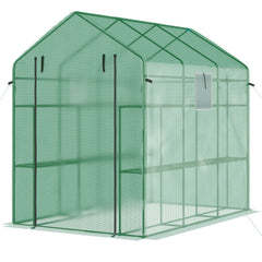 7' x 5' x 6' Walk-in Greenhouse for Outdoors with Mesh Door and Windows, 18 Shelf Hot House with Trellis, Plant Labels, UV Protective for Growing Flowers, Herbs, Vegetables, Saplings, Green
