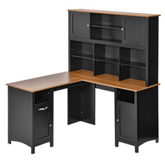 L Shaped Computer Desk with Hutch, 59" Corner Desk, Space Saving Home Office Desk with Storage Shelves, Drawer and Cabinet, Black