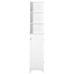 Tall Bathroom Storage Cabinet/Freestanding Linen Tower with 3-Tier Open Adjustable Shelf and Cupboard, White