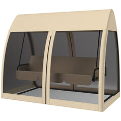 3 Seat Outdoor Swing Chair Convertible Covered Day Bed with Canopy, Mesh Netting, Steel Stand for Garden, Patio, Coffee