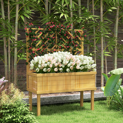 Elevated Wood Planter with Trellis for Climbing Plants, Raised Garden Bed with Legs and Drainage Holes, Natural Wood