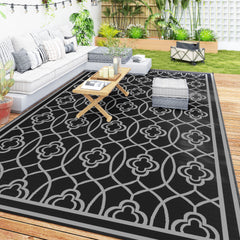 Reversible Outdoor Rug, Waterproof Plastic Straw with Carry Bag, 9' x 18', Black & Gray Lantern