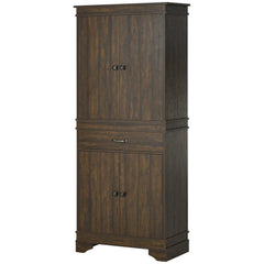 72" 4-Door Kitchen Pantry with Drawer and 3 Shelves, Walnut