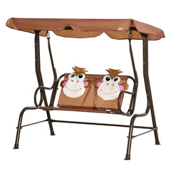 Porch Swing for Kids with Adjustable Canopy to Block Sun at Angles, Kids Swing Chair with Seatbelts, Monkey Pattern, Gift for Kids Ages 3-6, Coffee