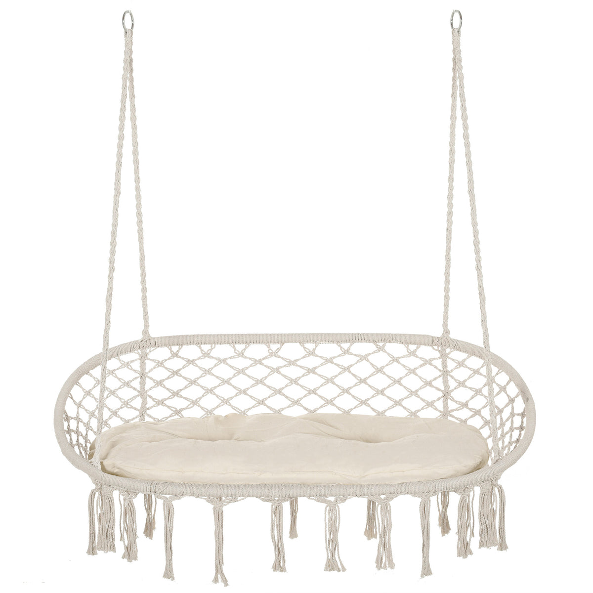 2-Person Hammock Chair Macrame Swing with Soft Cushion, Hanging Cotton Rope Chair for Indoor Outdoor Home Patio Backyard, White