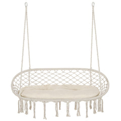 2-Person Hammock Chair Macrame Swing with Soft Cushion, Hanging Cotton Rope Chair for Indoor Outdoor Home Patio Backyard, White