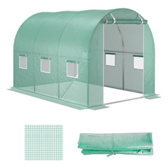 9.8' x 6.6' x 6.6' Plastic Greenhouse Cover Replacement, Heavy Duty Waterproof Tarp for Hoop House, Sheeting with 6 Windows, Door & Reinforcement Grid, Green